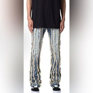 MNML X641 Skinny Stacked Ripped Denim, Medium Blue, Size 32 x 35